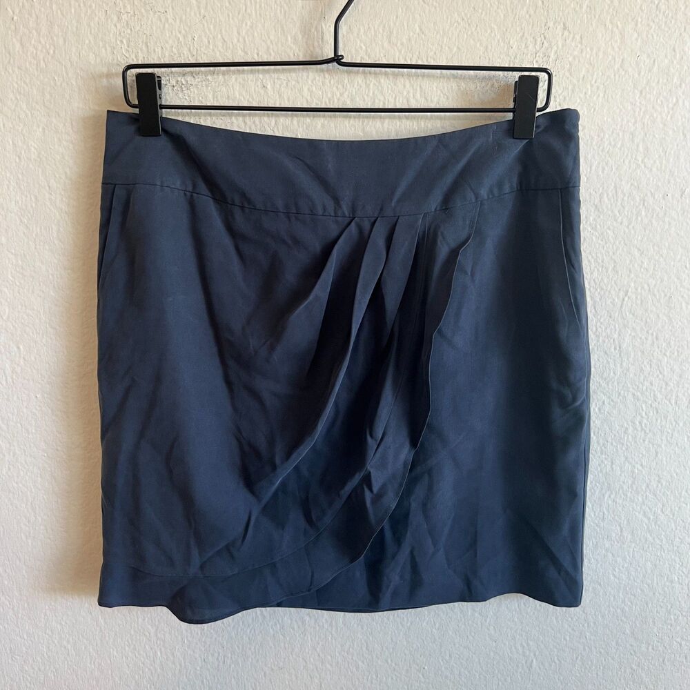 NWT LOFT 100% Silk Dark Grey Blue Faux Wrap Ruffle Mini Skirt Womens 6 Chic Glam